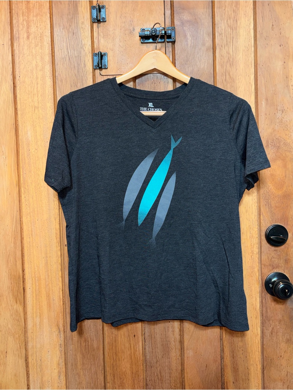 The Chosen Women's Black V-Neck Tee with Blue Graphic